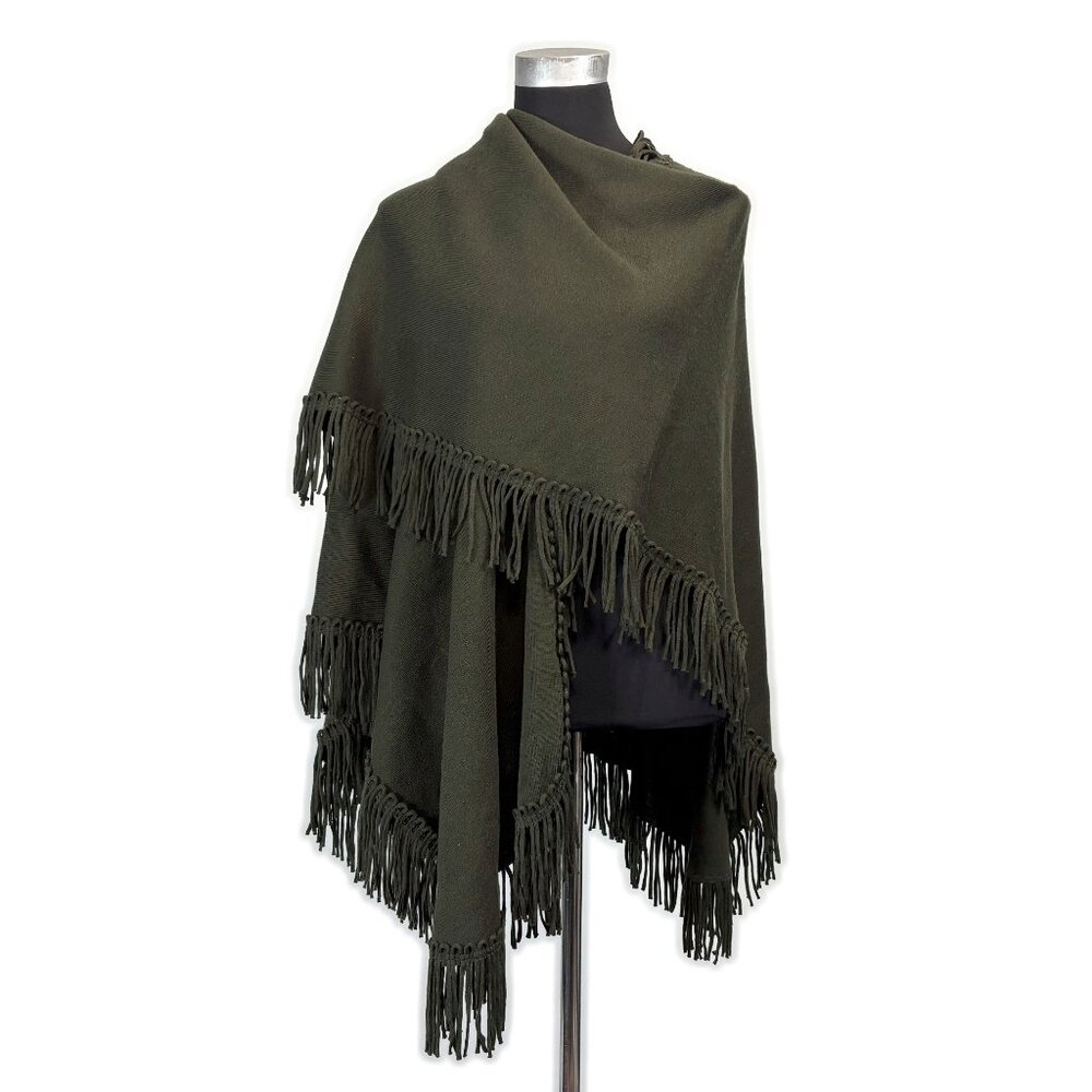 Dark Olive Green Shawl with Tassel Fringe Trim, Long Oversized Wrap, One Size